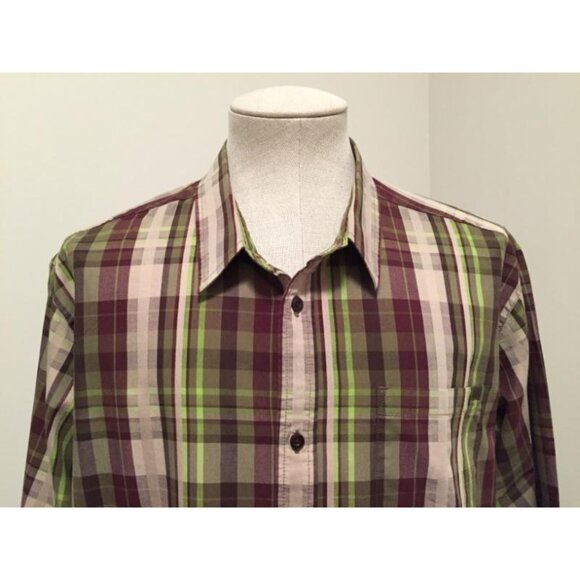 PRANA Long Sleeve Organic Cotton Shirt Mens Size XL Green Brown Plaid - Picture 2 of 5